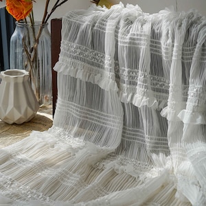 Pleated Chiffon Fabric Ruffle Lace Fabric with Shiny Thread Embroidery Striped Embroidery Fabric for Bridal Wedding Dress Skirt Curtain