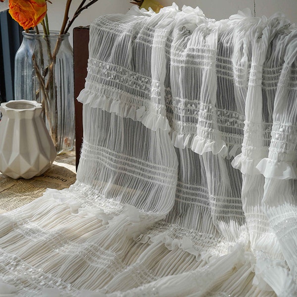 Pleated Chiffon Fabric Ruffle Lace Fabric with Shiny Thread Embroidery Striped Embroidery Fabric for Bridal Wedding Dress Skirt Curtain