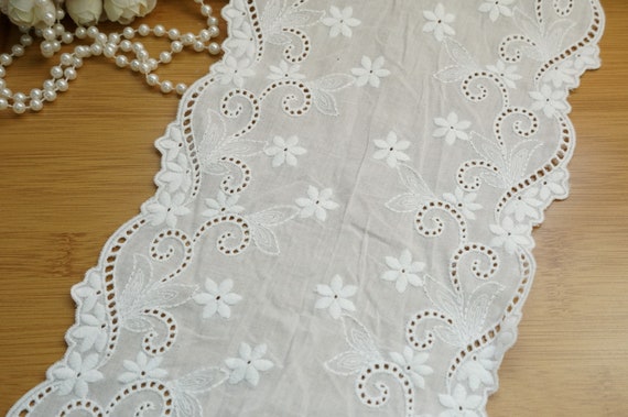 オフホワイトコットンレース、刺繍レーストリム、幅広コットン