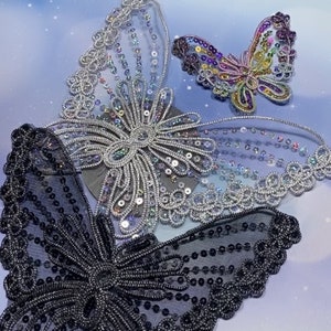 Large Butterfly Applique, Butterfly Motif Corded Embroidery Lace Applique with Sequins, Butterfly Applique Patch for DIY Sewing Crafts