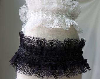 Off White / Schwarz Rüschen Spitzenbesatz, Chic Gefaltetes Spitzenband, Spitze Rüschenstoff, Elastischer Spitze Spitzenbesatz