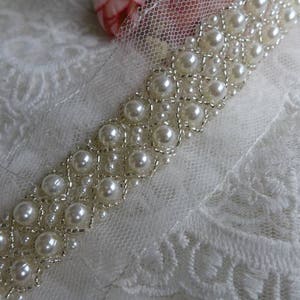 Ivory Beaded Jewelry Trim On Mesh Bridal Trim With Pearls Beading Trim Bridal Sash Bridal Belt image 3