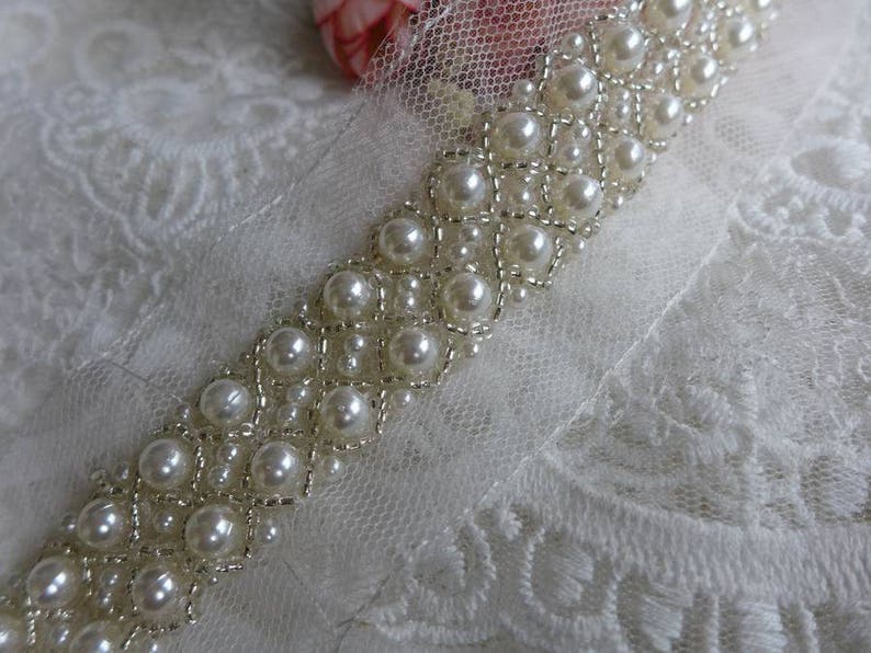 Ivory Beaded Jewelry Trim On Mesh Bridal Trim With Pearls Beading Trim Bridal Sash Bridal Belt image 3