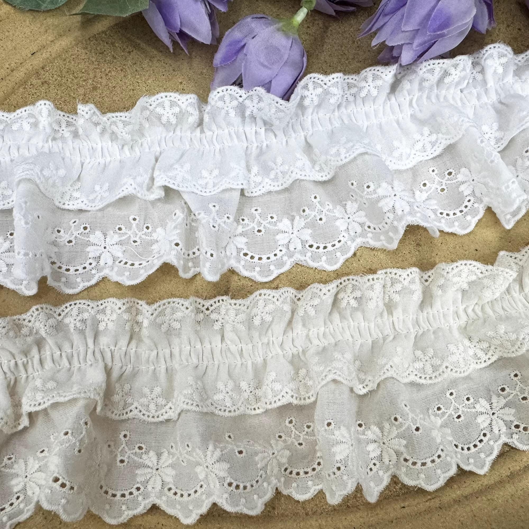 Layered Flower Ruffle Nice Pretty Ruffled Trim, 2-layer Flower Eyelets Embroidered Cotton ...