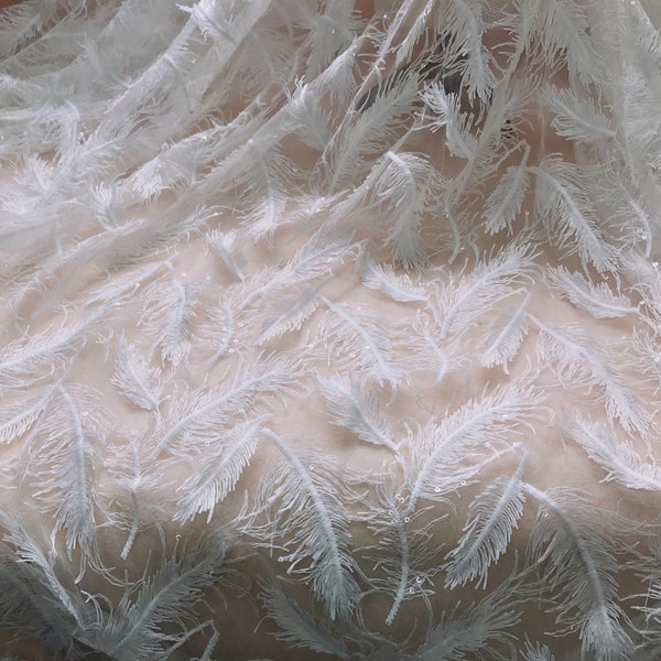 3D Off white Feather Lace Fabric Feather Embroidery Mesh Fabric with Clear Sequins For Ball Gown Tutu Dress Wedding Dress Bridal Veil