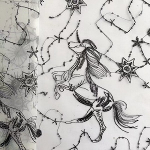Black Sequin Star Horse Embroidery Lace Fabric Mesh Constellation Lace Fabric For Party Dress, Weddings, Evening Dress, Gowns,By 1 Yard