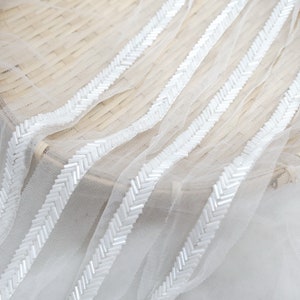 Off White Beaded Trim, Beaded Mesh Trim, Beaded Lace Trim Ribbon, Bridal Wear Embellishment, Wedding Sash Trim, Bridal Belt Trim