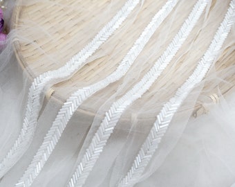 Off White Beaded Trim, Beaded Mesh Trim, Beaded Lace Trim Ribbon, Bridal Wear Embellishment, Wedding Sash Trim, Bridal Belt Trim