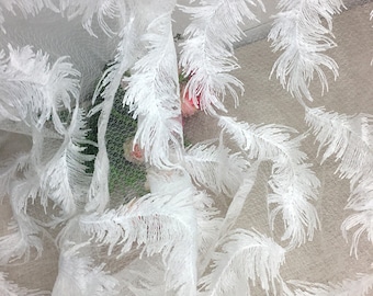 Off White / Black Lace Fabric, Embroidery Tulle Lace Fabric, Vintage Lace Fabric With Feather, Antique Bridal Lace, Home Decor