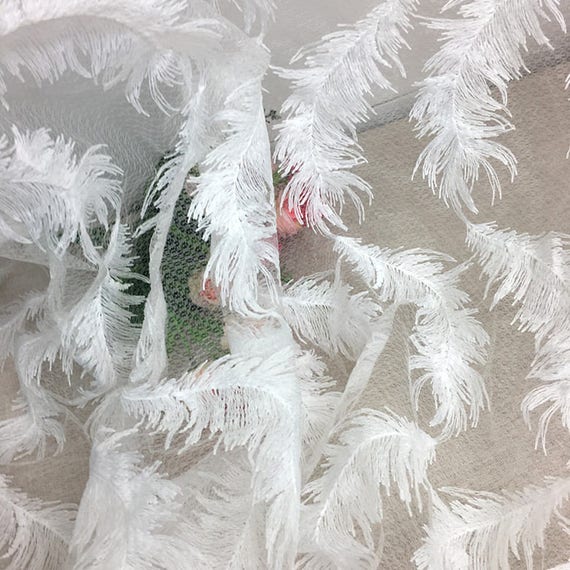 Off White / Black Lace Fabric, Embroidery Tulle Lace Fabric, Vintage Lace Fabric With Feather, Antique Bridal Lace, Home Decor
