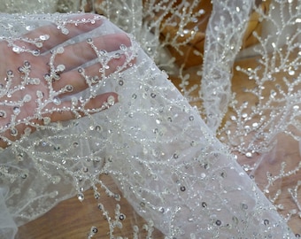 Luxury heavy beaded sequins lace fabric, high-end beading sequins lace fabric for wedding bridal dress, prom gown, evening dress