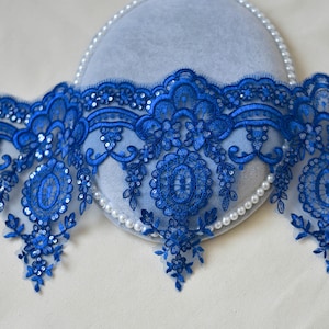 Retro Royal blue Alencon Corded Lace Trim with Sequins for Wedding Gown, Bridal Gloves, Veil, Garments, 1 Yard