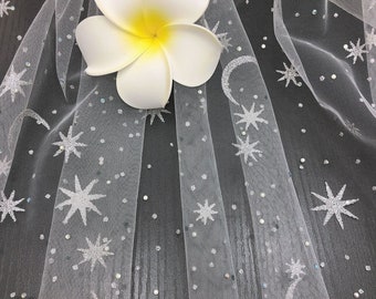 Tissu dentelle scintillant étoile de lune avec strass imprimés Tulle doux pour bébé Robe tutu, robes de chambre, voile de mariage, décoration de la maison par mètre