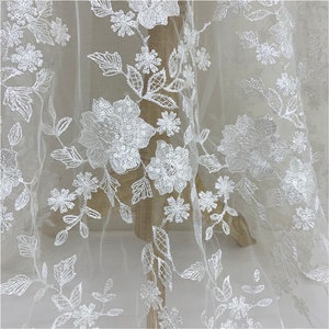 Off white Bridal Lace Fabric, Overlay Floral Embroidery Lace Fabric with Sequins, Wedding Dress Lace, Sequins Mesh Lace Fabric