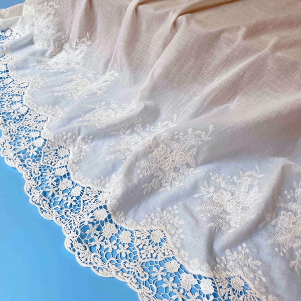 Tissu de broderie en coton, tissu de dentelle de coton avec bordures de broderie au crochet, tissu de coton pour robe de mariée, blouse, nappe, mariages