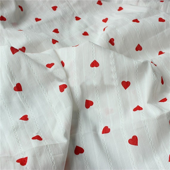 Off white Cotton Lace Fabric, Red Heart Print Cotton Fabric with Stripe  Texture, Heart Fabric for Dress, Gown, Blouse, Baby Dress, Outfit