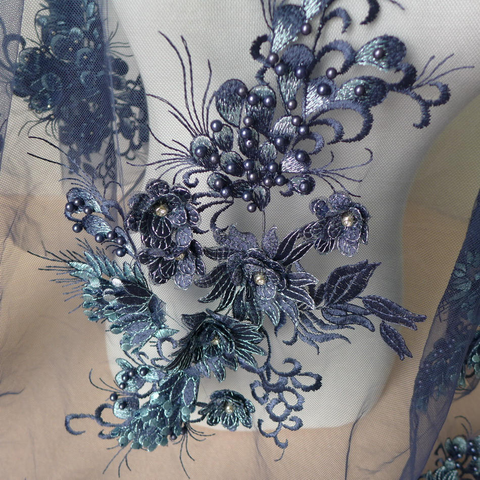 49" Wide Navy Blue Beaded Lace Fabric, 3D Floral Embroidered Tulle Mesh ...