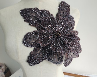 Beaded 3d flowers applique, mesh floral patch, sequins beads petals flower for gown, couture, costumes appliques, bags decor, crafts sewing