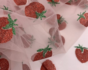 Sweet Strawberry Lace Fabric, Glitter Sequin Strawberry Tulle Fabric For Summer Dress, Flower Girl Dress, Veil, Baby Dress, Girls Pink Dress