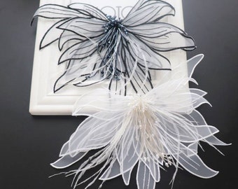 Beaded 3d flower applique, 3d floral applique, 3d floral patch, flower applique patch, beaded feather tassel applique, bridal headpiece