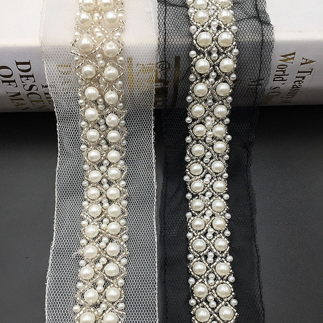 Ivory Pearls Beaded Lace Trim, Pearls Beading Trim, Bridal Sash Lace