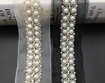 Ivory Pearls Beaded Lace Trim, Pearls Beading Trim, Bridal Sash Lace, Wedding Belt Lace, Headpiece Lace, Dress Decor Trim, Straps