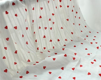 Off white Cotton Lace Fabric, Red Heart Print Cotton Fabric with Stripe Texture, Heart Fabric for Dress, Gown, Blouse, Baby Dress, Outfit