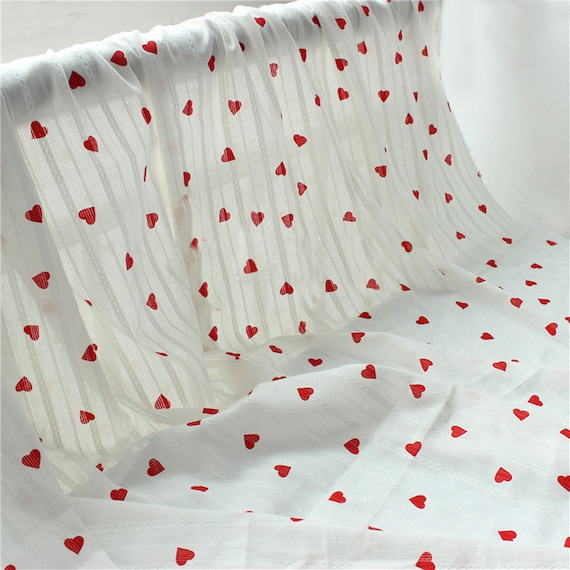 Off White Cotton Lace Fabric, Red Heart Print Cotton Fabric With