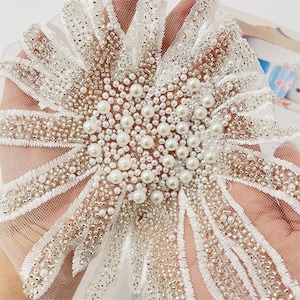 Beaded lace patch, pearl lace patch, beaded applique, pearl beaded applique patch for bridal dress, headpiece, decoration, costume