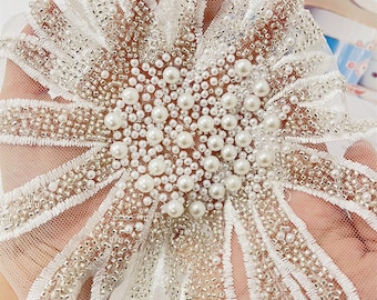 Beaded lace patch, pearl lace patch, beaded applique, pearl beaded applique patch for bridal dress, headpiece, decoration, costume