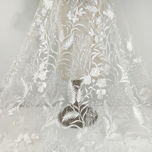 Gorgeous Floral Leaf Overlay Embroidery Lace Fabric, Wedding Tulle Lace Fabric For Veils, Bridal Gown, Ball Gown, Party Dress, By 1 Yard
