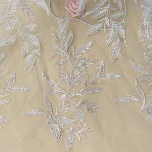Heavy Beaded Lace Applique, Luxury Beaded Leaf Lace Applique for Bodice Dress, Haute Couture, Wedding Gown, Bridal Veil, New!