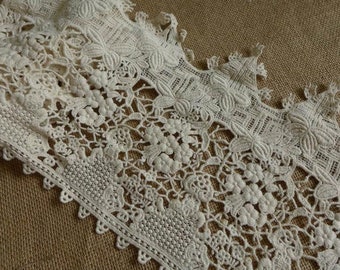 8.54" Wide Beige Cotton Crochet Lace Trim, Hollowed Floral Lace Trim, Classic Cotton Trim, Costume Supplies