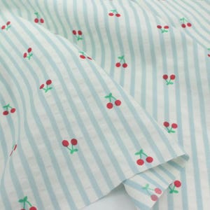 Artistic simple blue white striped fabric, Cute red cherry print fabric for dress, shirts, tops, shorts, skirts, table cover, hair crafts