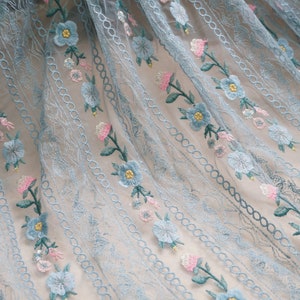 Blue embroidered tulle lace fabric, multi color embroidered floral lace fabric, striped embroidered lace fabric, bridal lace fabric By Yard