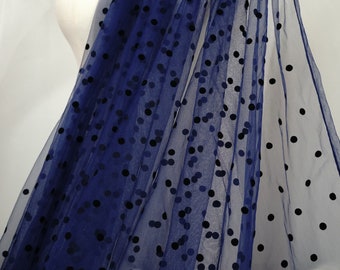 Navy blue tulle fabric with black polka dots, tulle mesh fabric with flocking dot, soft tulle dot lace fabric, new arrival, hot selling