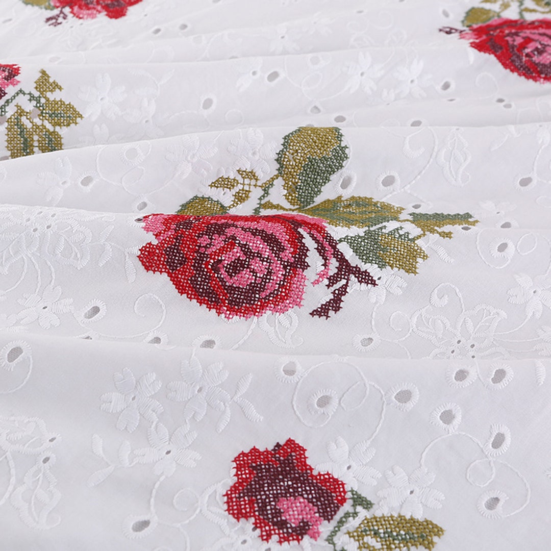 Elegant Rose Flower Embroidery Fabric Embroidery Cotton Etsy