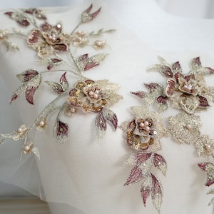Delicate One Pair 3D Flowers Embroidery Beaded Pearls Lace Applique for Bridal Gown, Dance Costumes, Hair Accessories