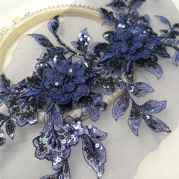 3D Floral Applique Blue Embroidered Flower W/Dark Blue Edging