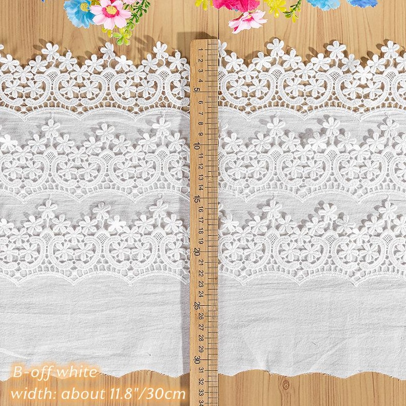 8.66" Wide Black Lace Trim, Crochet Floral Embroidery Cotton Lace Trim, Hollowed Edging Trim for Costume Supplies, Dress Hem, Cuffs B-off white