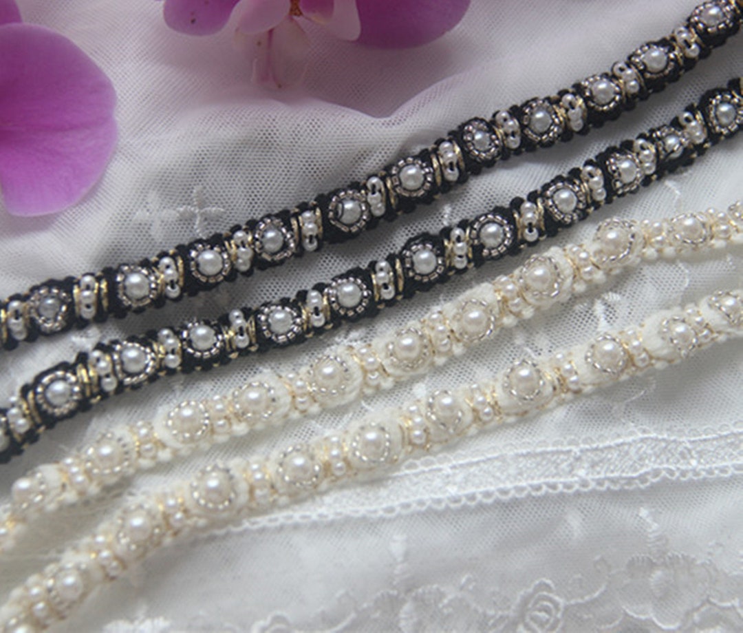 Pearl Beaded Lace Trim, Beaded Ribbon, Pearl Lace Trim, Beaded Ribbon