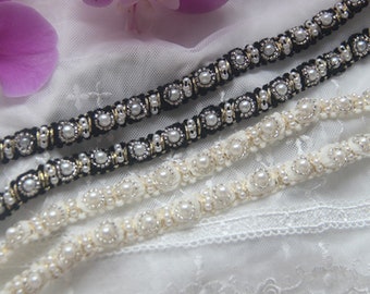 Pearl Beaded Lace Trim, Beaded Ribbon, Pearl Lace Trim, Beaded Ribbon Trim, Beaded Trim Veil, Bridal Sash Lace, Headband Lace, Belt Trim