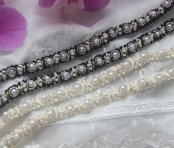 Pearl Beaded Lace Trim, Beaded Ribbon, Pearl Lace Trim, Beaded Ribbon Trim, Beaded  Trim Veil, Bridal Sash Lace, Headband Lace, Belt Trim 