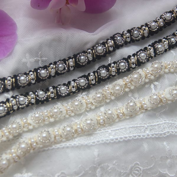 Pearl Beaded Lace Trim, Beaded Ribbon, Pearl Lace Trim, Beaded Ribbon Trim, Beaded Trim Veil, Bridal Sash Lace, Headband Lace, Belt Trim