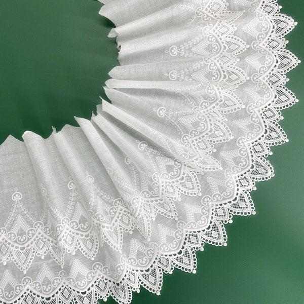 Off white Cotton Lace Trim, Double Layers Scalloped Cotton Lace Trim, Embroidery Cotton Lace with Hollowed Edge, Cotton Trim By Yard