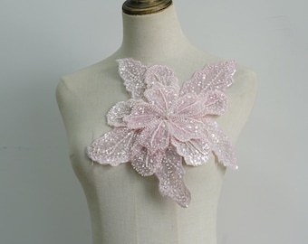 Roze 3D-bloemen stoffen, bloemenpatch, zware kraalbloemblaadjes voor couture, jurkdecor, bruidsapplicaties, tassendecor, ambachten naaien