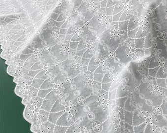 Geometric Embroidery Cotton Fabric Off White Cotton Lace Fabric With Both Scalloped Edge For Outfits, Girl Dress, Wedding Decor