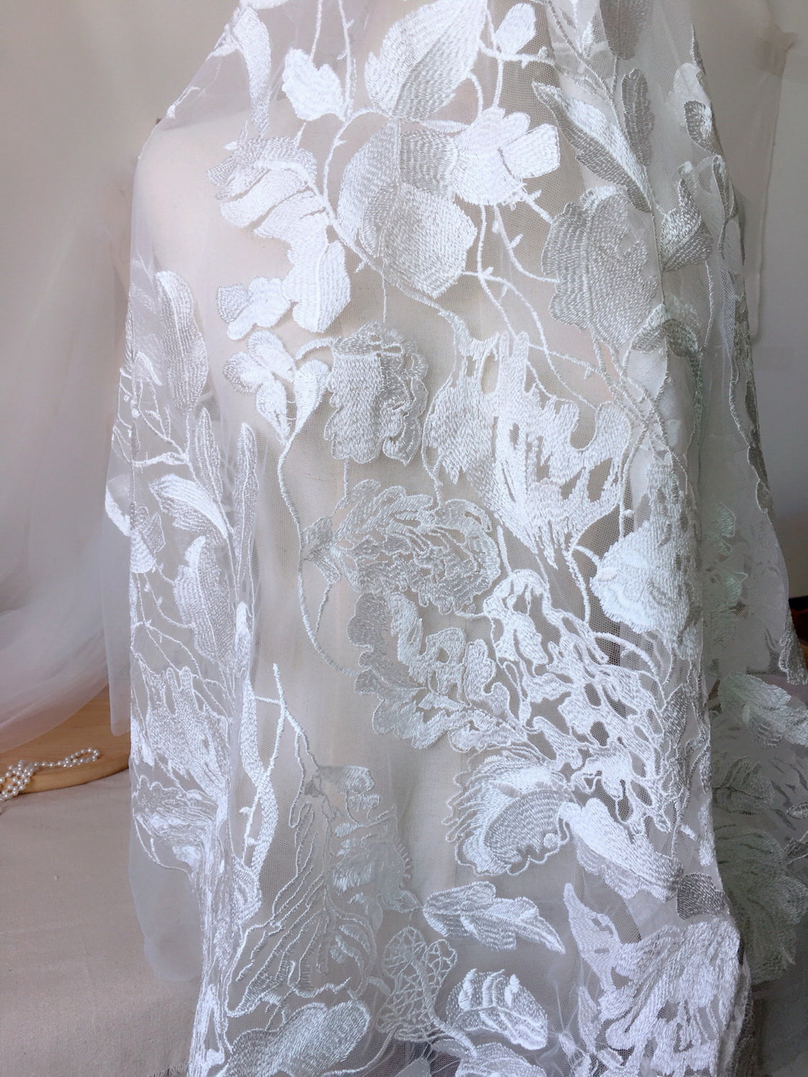 Ivory Leaf Floral Embroidered Lace Gauze Tulle Fabric for Etsy