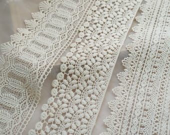 Cotton lace trim in beige, embroidered crochet lace, beige guipure lace trim, beige vintage lace trimming