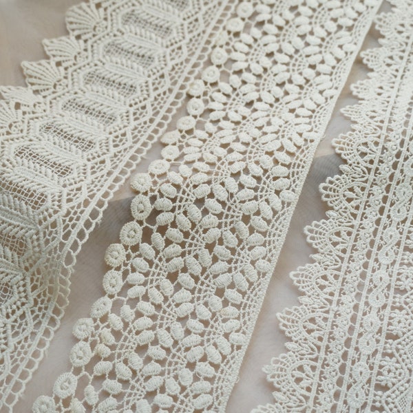 Cotton lace trim in beige, embroidered crochet lace, beige guipure lace trim, beige vintage lace trimming